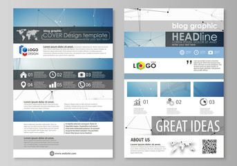Blog graphic business templates. Page website design template, easy editable abstract vector layout. Geometric blue color background, molecule structure, science concept. Connected lines and dots