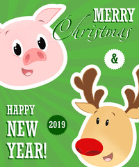 Fototapeta na wymiar Merry Christmas and happy New Year creative poster design. Pig and reindeer faces on green background. Template can be used for greeting cards, postcards, leaflets and brochure