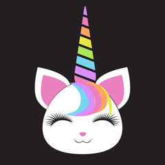 muzzle of a happy kitten with a rainbow horn
