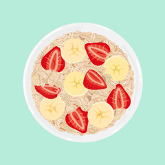 Oat flakes in a bowl with pieces of banana and strawberries, top view. Flatlay. Healthy natural breakfast. Portion of oats with fruits in a bowl isolated on background. Vector hand drawn illustration.