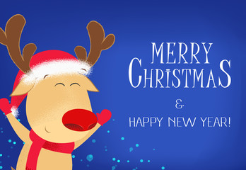 Merry Christmas and happy New Year poster design. Happy reindeer in Santa hat on blue background. Template can be used for greeting cards, posters, banners and brochures