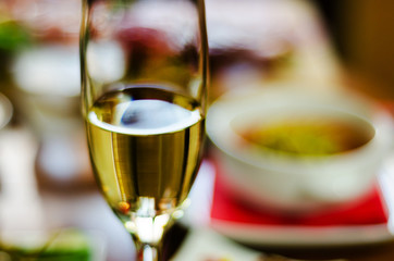 champagne with set appetizers in small portions, healthy and delicious snacks