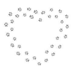 Heart shape frame with black dog track isolated on white background. Animal footprint silhouette. Border with pet track. Vector illustration.