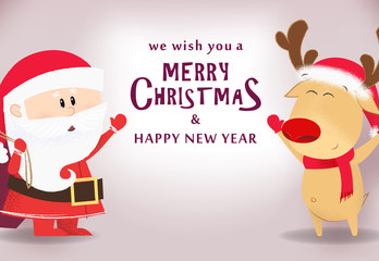 We wish you merry Christmas and happy New Year flyer template design. Happy Santa Claus and reindeer on gray background. Vector can be used for greeting cards, banners, posters and brochures
