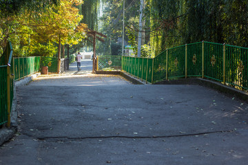 morning park outdoor place for rest and walking and man go back to camera through small bridge