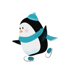 Cute cartoon penguin in scarf and hat enjoying skating. Outdoor activity concept. Vector illustration can be used for topics like hobby, Christmas vacation, winter sport