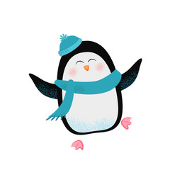 Cute cartoon penguin wearing scarf and hat, dancing and having fun. Winter concept. Vector illustration can be used for topics like holiday, vacation, Christmas or New Year party