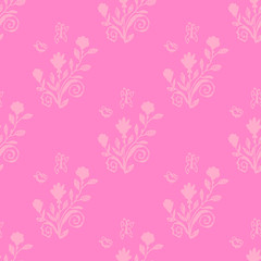 Rose bushes with butterflies. Floral seamless pattern with flowers. Pink background for wrapping paper, textile, card, web. Vector illustration.