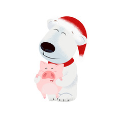 White dog in red scarf and Santa hat holding pig. Christmas concept. Vector illustration can be used for Xmas banner design, festive posters, greeting cards, party invitations