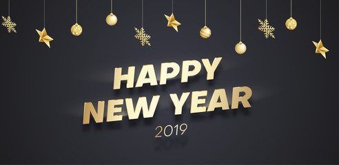 Happy New Year 2019 poster with golden Christmas decorations.