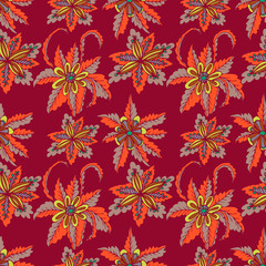 Colorful hand drawn doodle floral seamless pattern.  Abstract tropical fantasy flowers, leaves, hawaiian pattern. Cartoon flora. Vector background.