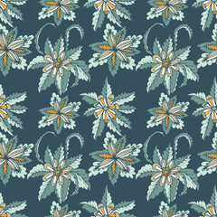 Colorful hand drawn doodle floral seamless pattern.  Abstract tropical fantasy flowers, leaves, hawaiian pattern. Cartoon flora. Vector background.