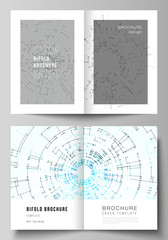The vector layout of two A4 format cover mockups design templates for bifold brochure, flyer, booklet, report. Network connection concept with connecting lines and dots. Technology design background.