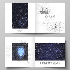 The vector layout of two covers templates for square design bifold brochure, magazine, flyer, booklet. Binary code background. AI, big data, coding or hacker concept, digital technology background.