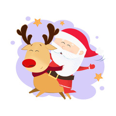 Cartoon Santa Claus and deer postcard design. Santa riding on christmas deer on purple aquarelle background with stars. Can be used for topics like Christmas, holiday, festival, cartoon