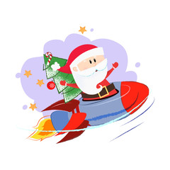 Cartoon Santa drawing design. Santa Claus with fir tree sitting on rocket on purple aquarelle background with stars. Can be used for topics like Christmas, holiday, festival, cartoon