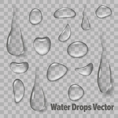 Realistic water drops. Isolated drops of water on a transparent background. Transparent drops. Vector illustration. - obrazy, fototapety, plakaty