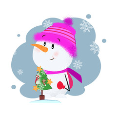Cute snowman postcard design. Drawing of snowman in purple hat and scarf with fir tree on background with snowflakes. Can be used for topics like Christmas, holiday, festival, cartoon