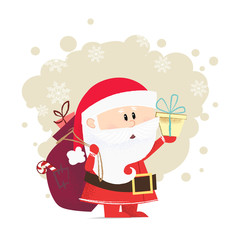 Santa poster design. Drawing of cartoon Santa Claus carrying sack with presents and giving gift box  background with snowflakes. Can be used for topics like Christmas, holiday, festival, cartoon