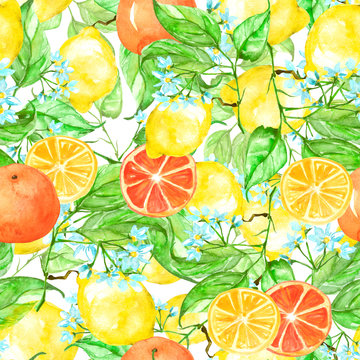 Vintage seamless watercolor pattern - hand drawing threads of lemon, tangerine, orange  with leaves. Trendy pattern. Painting Citrus fruits. The picture is yellow and green.Branch with citrus fruit.