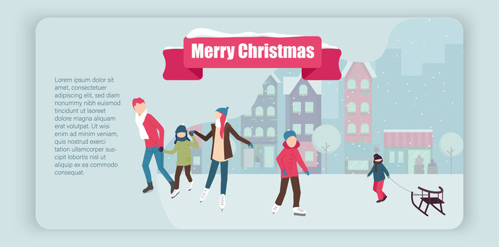 Merry Chrustmas poster with people doing winter activities.