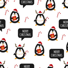 Fototapeta premium Penguin. Seamless pattern. Christmas cute penguins. Vector