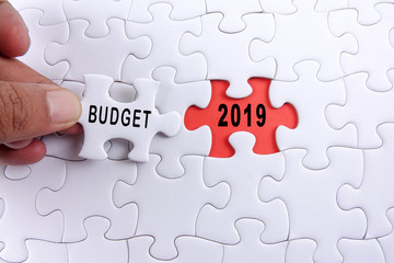 Fototapeta premium Business concept: 2019 BUDGET word on a jigsaw puzzle background.