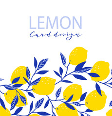 Summer exotic and tropic background design. Composition with lemons and leaves. Vector universal card with place for text.