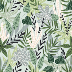 Seamless pattern with tropical leaves. Beautiful print with hand drawn exotic plants. Swimwear botanical design. Vector illustration.