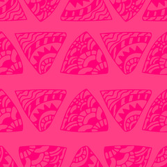 Ethnic seamless pattern of doodle triangles on pink background. Tribal background. Infinity hand drawn geometric wrapping paper. Vector illustration.