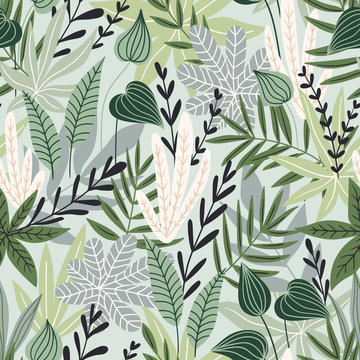 Seamless pattern with tropical leaves. Beautiful print with hand drawn exotic plants. Swimwear botanical design. Vector illustration.