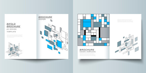 The vector layout of two A4 format modern cover mockups design templates for bifold brochure, flyer, booklet. Abstract polygonal background, colorful mosaic pattern, retro bauhaus de stijl design.