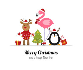Merry Christmas. Cute Christmas animals. Reindeer, flamingo and penguin. Isolated. Vector
