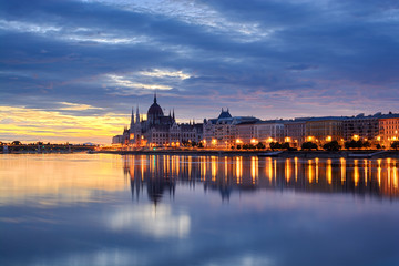 Night view of Budapest downtown reflecting in the river