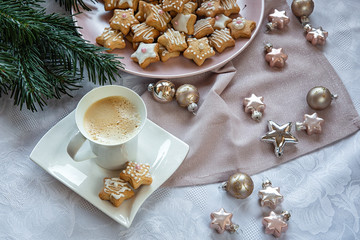 Fototapeta na wymiar Christmas background. Coffee with Christmas cookies.Christmas toy. 