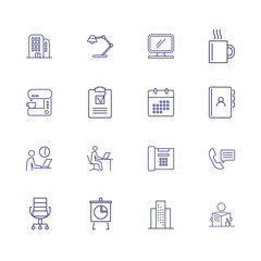 Office line icon set. Lamp, building, stationery. Desk job concept. Can be used for topics like work, workplace, schedule