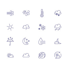 Weather line icon set. Sun, wind, rain. Climate concept. Can be used for topics like nature, global warming, weather forecast