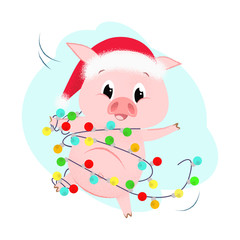 Cartoon piggy with garland greeting card design. Drawing of piggy in red hat holding multicolored garland on blue background. Can be used for topics like Christmas, holiday, festival, cartoon