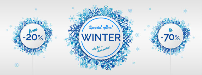 Winter sales with snowflakes on white background 