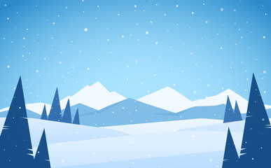 Vector illustration: Winter snowy Mountains landscape with pines, hills and peaks