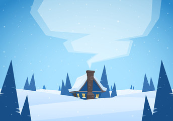 Vector illustration: Winter snowy cartoon landscape with house and smoke from chimney. Merry Christmas.