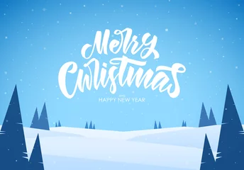 Photo sur Plexiglas Pool Illustration vectorielle : Paysage plat enneigé d& 39 hiver avec lettrage manuscrit de Joyeux Noël, collines et pins.