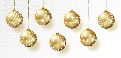 Golden realistic vector Christmas balls set.