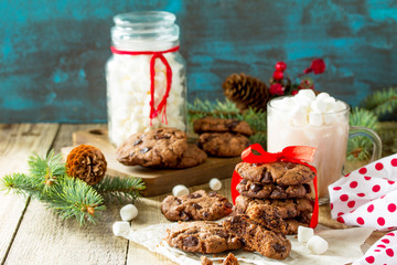 Baked Christmas cookies. Homemade Chocolate Chip Cookies on a wooden table. Copy space.