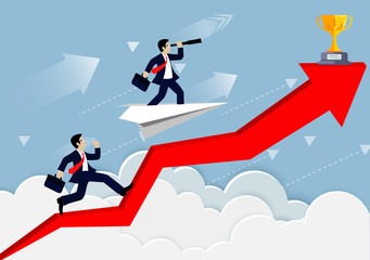 Businessman competition on a arrow red. up to the sky. go to goal and business finance success. leadership. creative idea. cartoon vector illustration