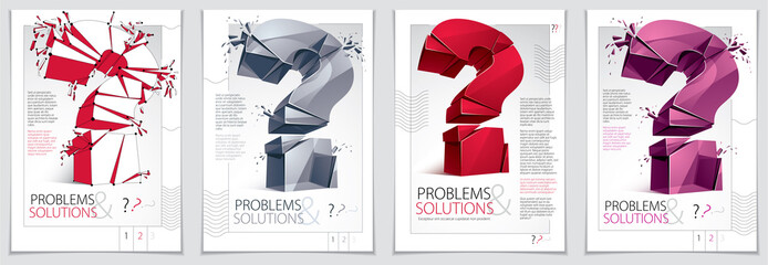 Broken Question Mark exploding brochure or flyer design, Query breaking to pieces, vector 3d realistic illustration. Special character conceptual symbol, doubt, difficulty, FAQ and support concept.