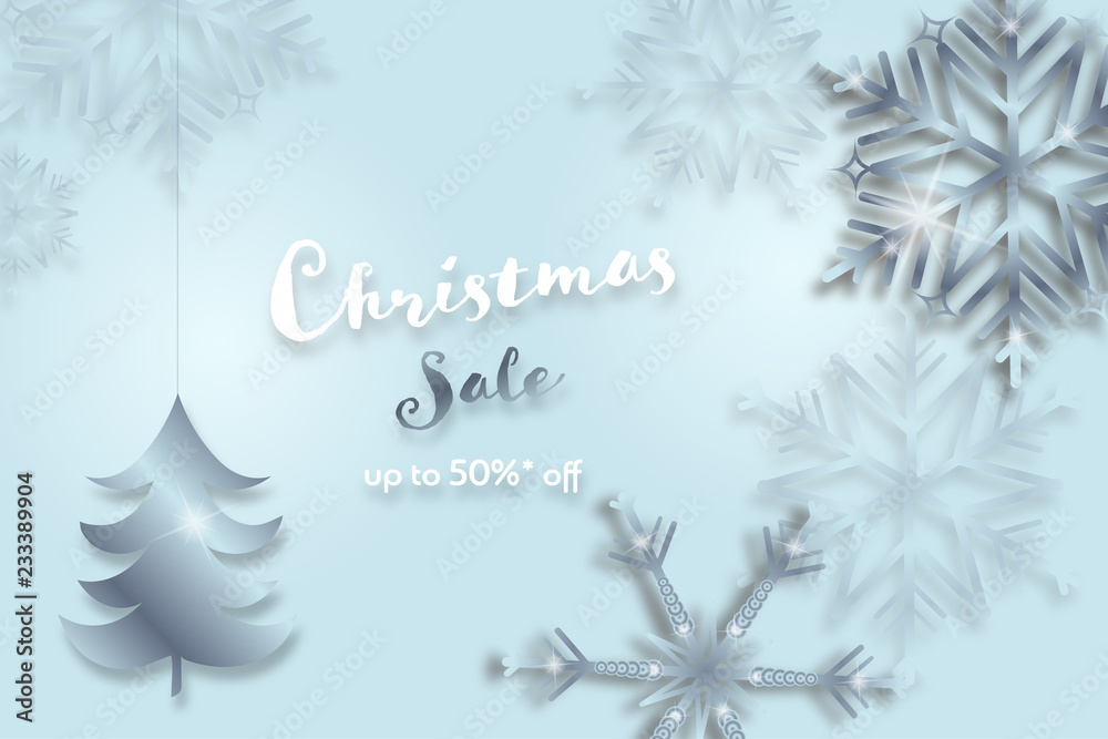 Wall mural christmas time. background with snowflakes and christmas tree. text : christmas sale