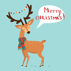 Cute Christmas deer in a scarf with beautiful horns in the garlands. Vector illustration