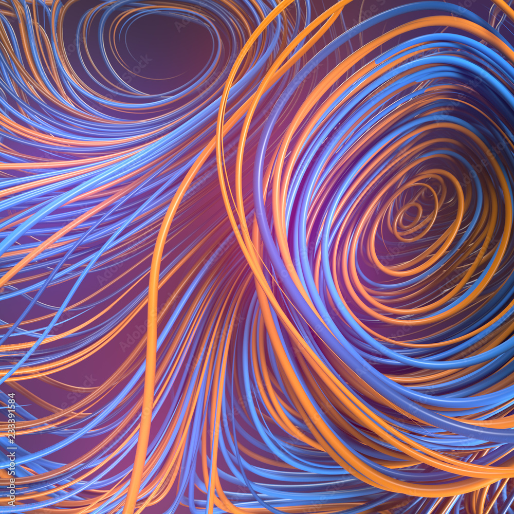 Poster interlacing abstract orange and blue colored curves. 3d rendering