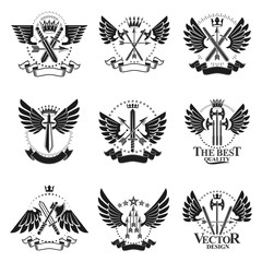 Obraz premium Vintage Weapon Emblems set. Heraldic Coat of Arms decorative emblems isolated vector illustrations collection.